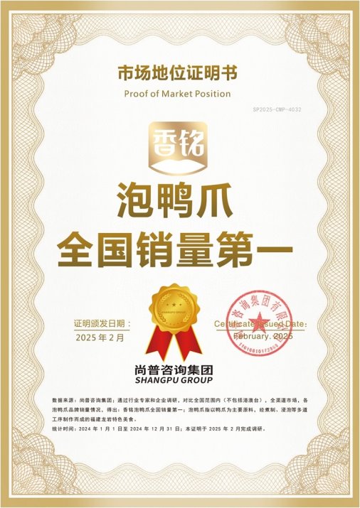 明：香铭泡鸭爪全国销量第一麻将胡了app市场地位证(图3)